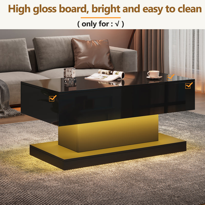 Table basse relevable laqué noire avec éclairage LED 100x50 cm SECRETION