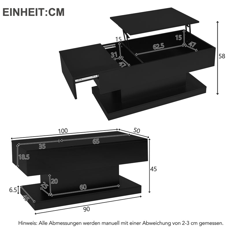 Table basse relevable laqué noire avec éclairage LED 100x50 cm SECRETION