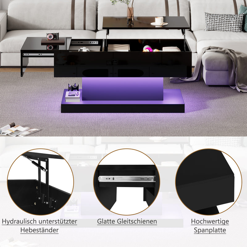 Table basse relevable laqué noire avec éclairage LED 100x50 cm SECRETION