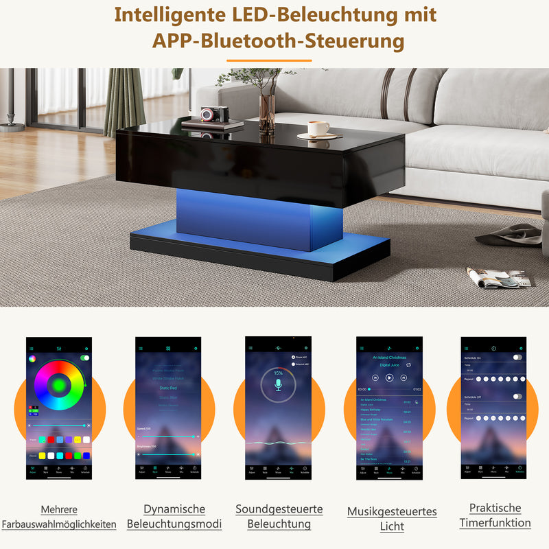 Table basse relevable laqué noire avec éclairage LED 100x50 cm SECRETION