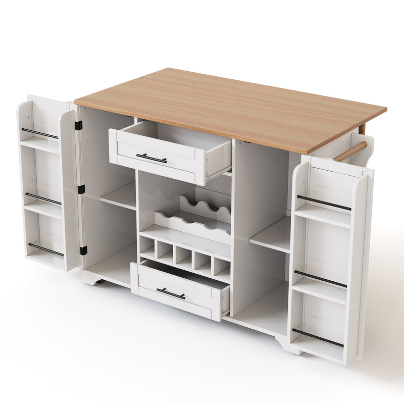 Îlot de cuisine blanc, plan effet bois pliant, porte-verres, casier à vin avec roulettes SEMIOCH