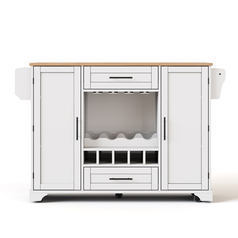 Îlot de cuisine blanc, plan effet bois pliant, porte-verres, casier à vin avec roulettes SEMIOCH