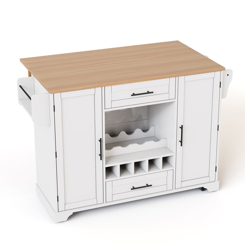 Îlot de cuisine blanc, plan effet bois pliant, porte-verres, casier à vin avec roulettes SEMIOCH