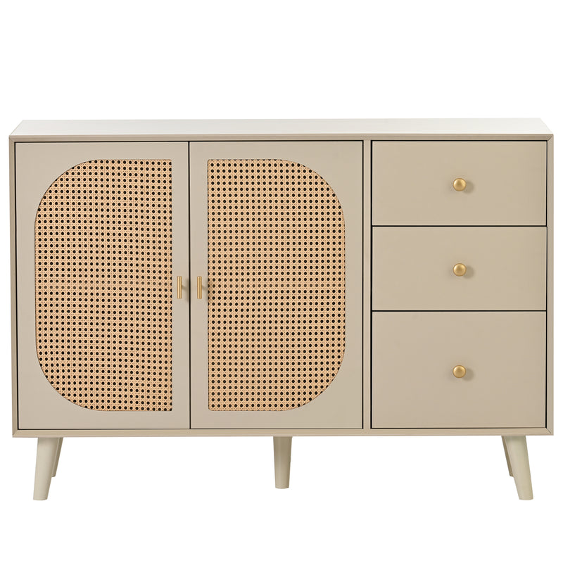 Buffet effet bois blanc cassé crème avec portes tissage en rotin et 3 tiroirs 120*40*82.5cm SHAIZON