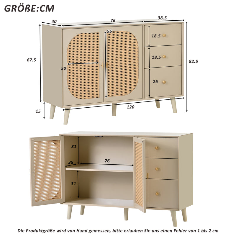 Buffet effet bois blanc cassé crème avec portes tissage en rotin et 3 tiroirs 120*40*82.5cm SHAIZON