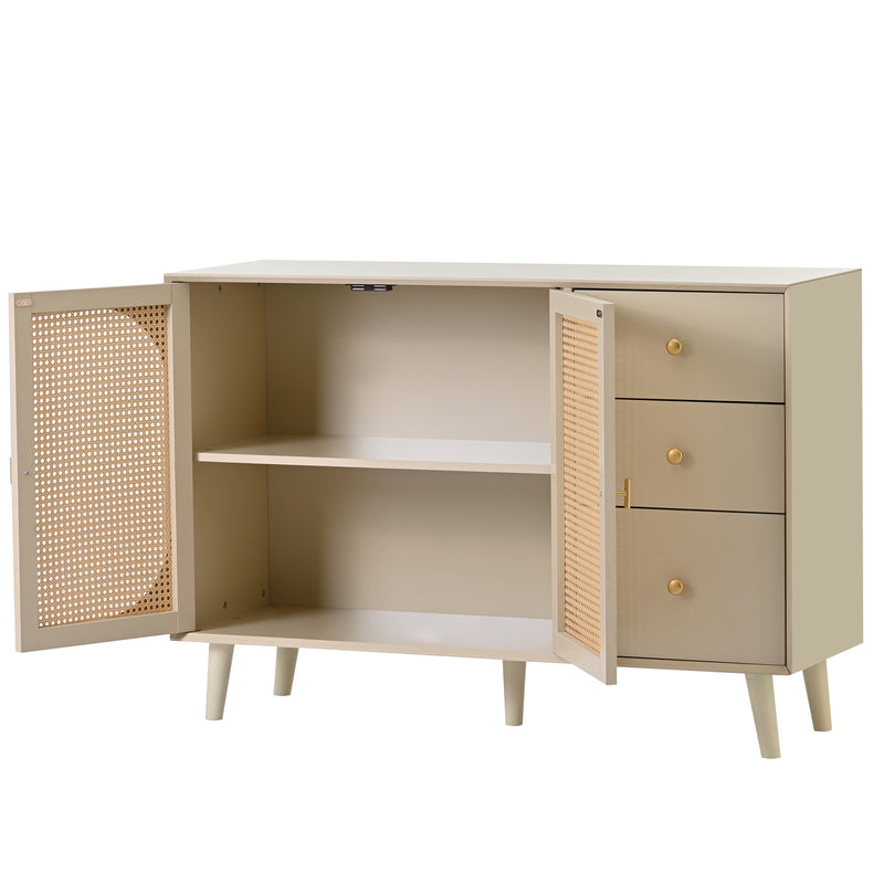 Buffet effet bois blanc cassé crème avec portes tissage en rotin et 3 tiroirs 120*40*82.5cm SHAIZON