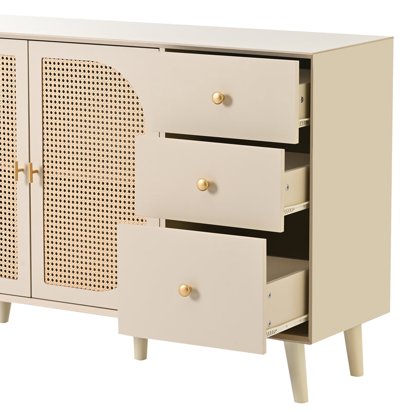 Buffet effet bois blanc cassé crème avec portes tissage en rotin et 3 tiroirs 120*40*82.5cm SHAIZON