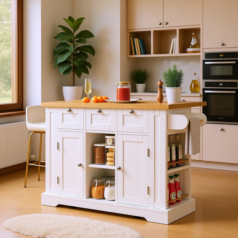 Îlot de cuisine blanc et effet bois avec plateau extensible, rangement et ports USB AMYLOPECT