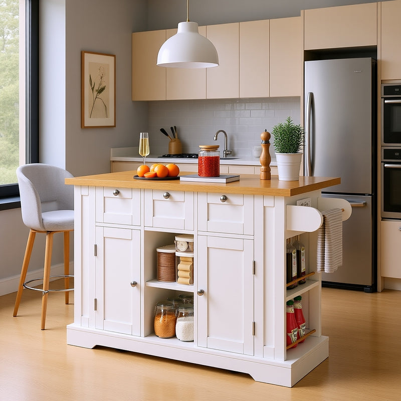 Îlot de cuisine blanc et effet bois avec plateau extensible, rangement et ports USB AMYLOPECT