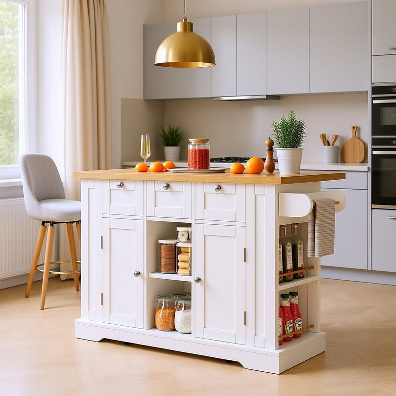 Îlot de cuisine blanc et effet bois avec plateau extensible, rangement et ports USB AMYLOPECT