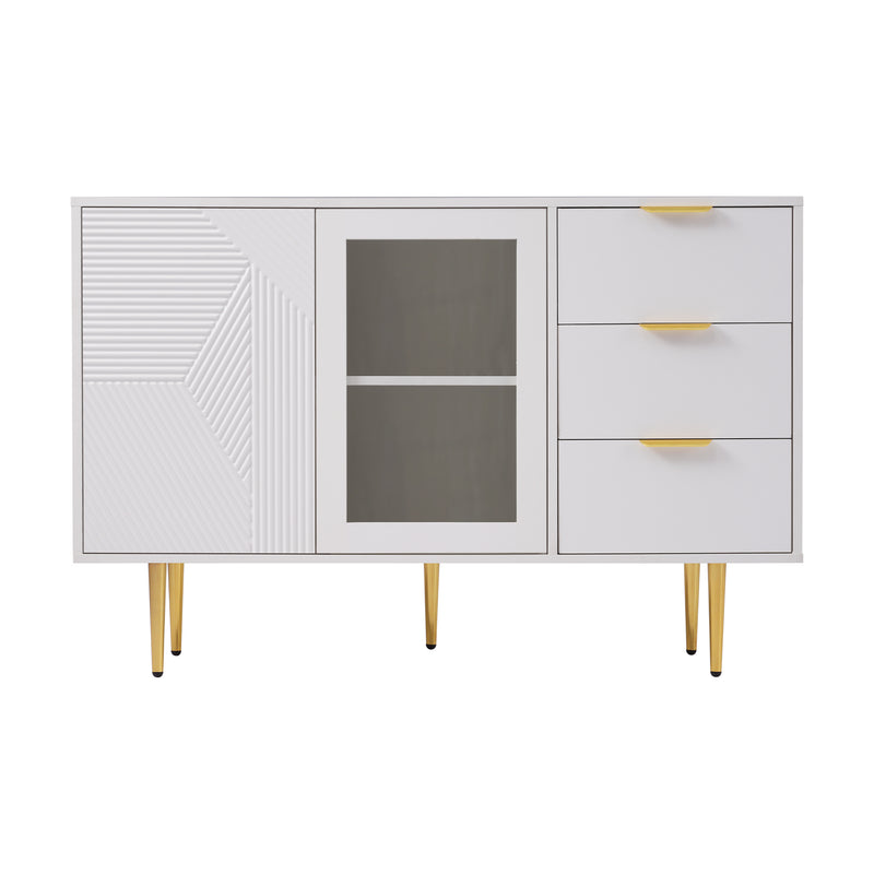 Buffet blanc rainurée 3 tiroirs et 2 portes, vitrée, 120x38x79,5cm SHETOR