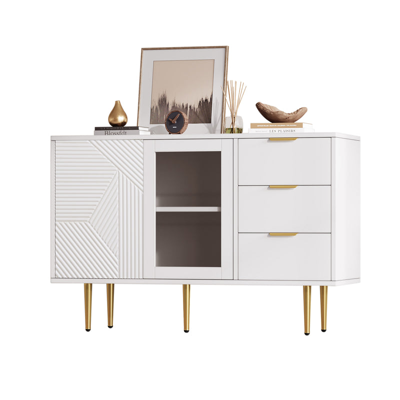 Buffet blanc rainurée 3 tiroirs et 2 portes, vitrée, 120x38x79,5cm SHETOR