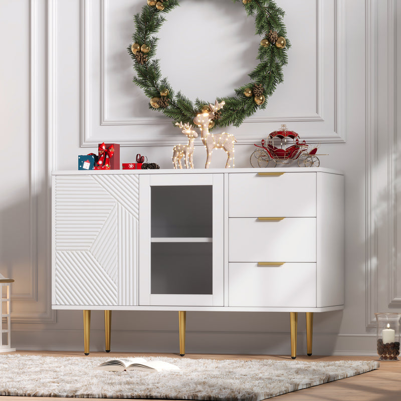 Buffet blanc rainurée 3 tiroirs et 2 portes, vitrée, 120x38x79,5cm SHETOR