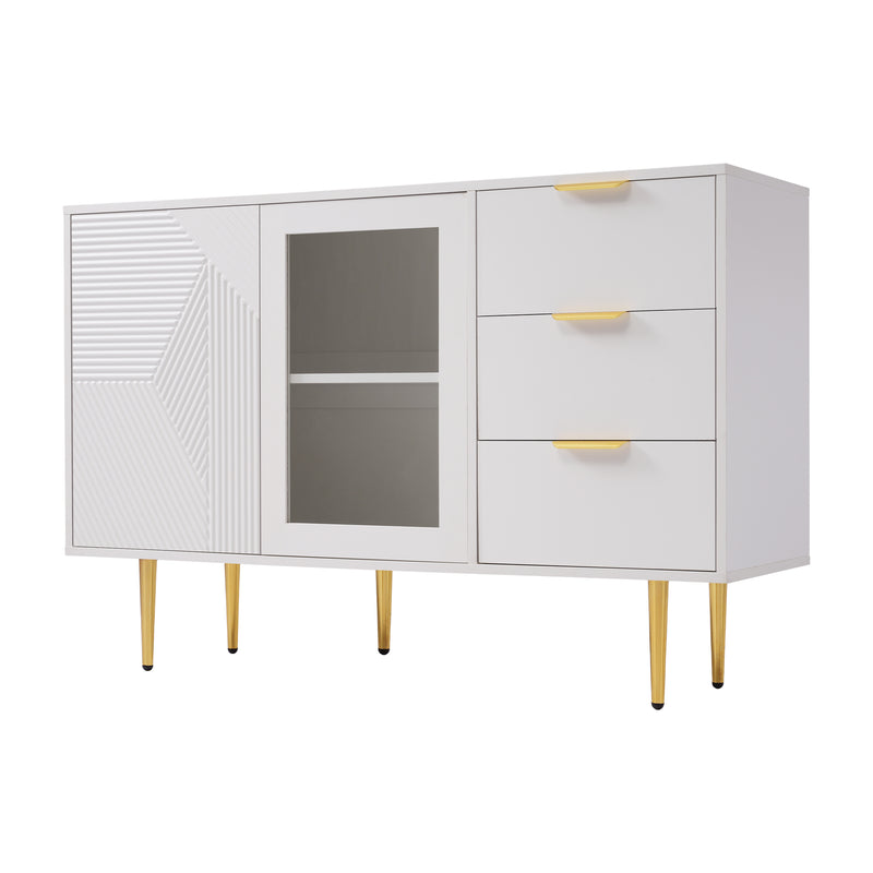Buffet blanc rainurée 3 tiroirs et 2 portes, vitrée, 120x38x79,5cm SHETOR
