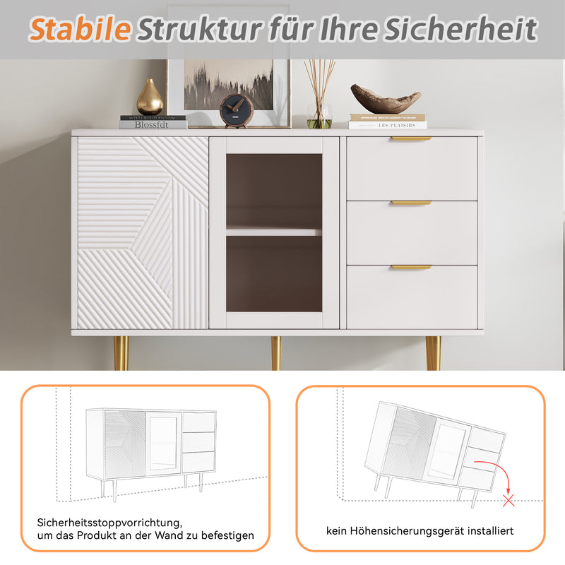 Buffet blanc rainurée 3 tiroirs et 2 portes, vitrée, 120x38x79,5cm SHETOR