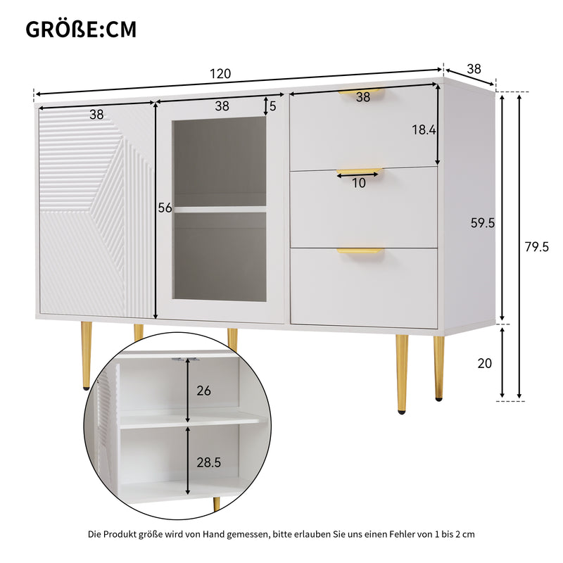 Buffet blanc rainurée 3 tiroirs et 2 portes, vitrée, 120x38x79,5cm SHETOR