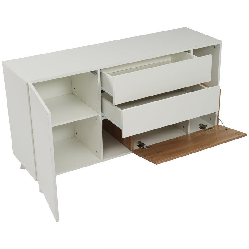 Buffet blanc brillant et effet bois 2 niches 2 tiroirs et 1 porte SHIELNIH