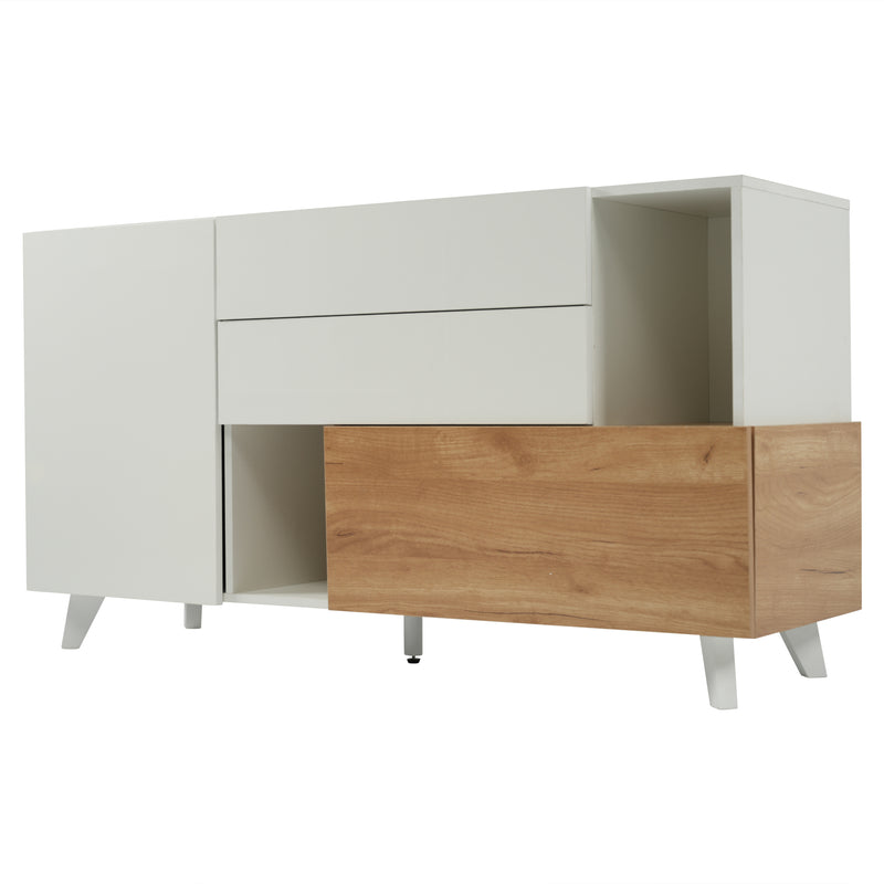 Buffet blanc brillant et effet bois 2 niches 2 tiroirs et 1 porte SHIELNIH