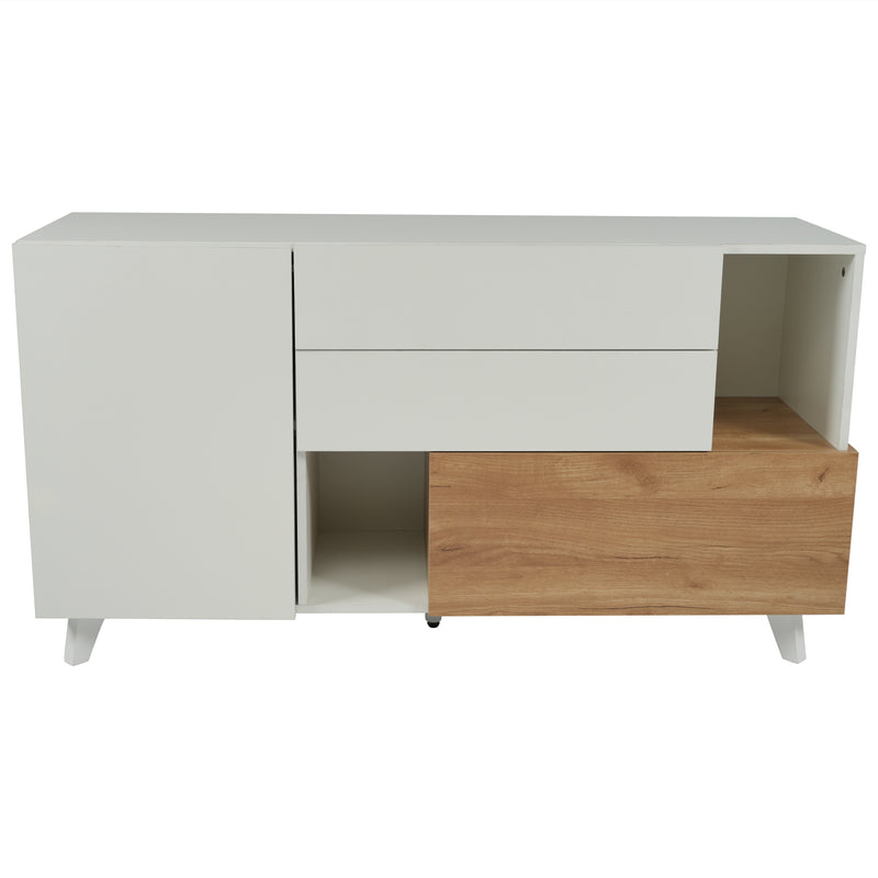 Buffet blanc brillant et effet bois 2 niches 2 tiroirs et 1 porte SHIELNIH