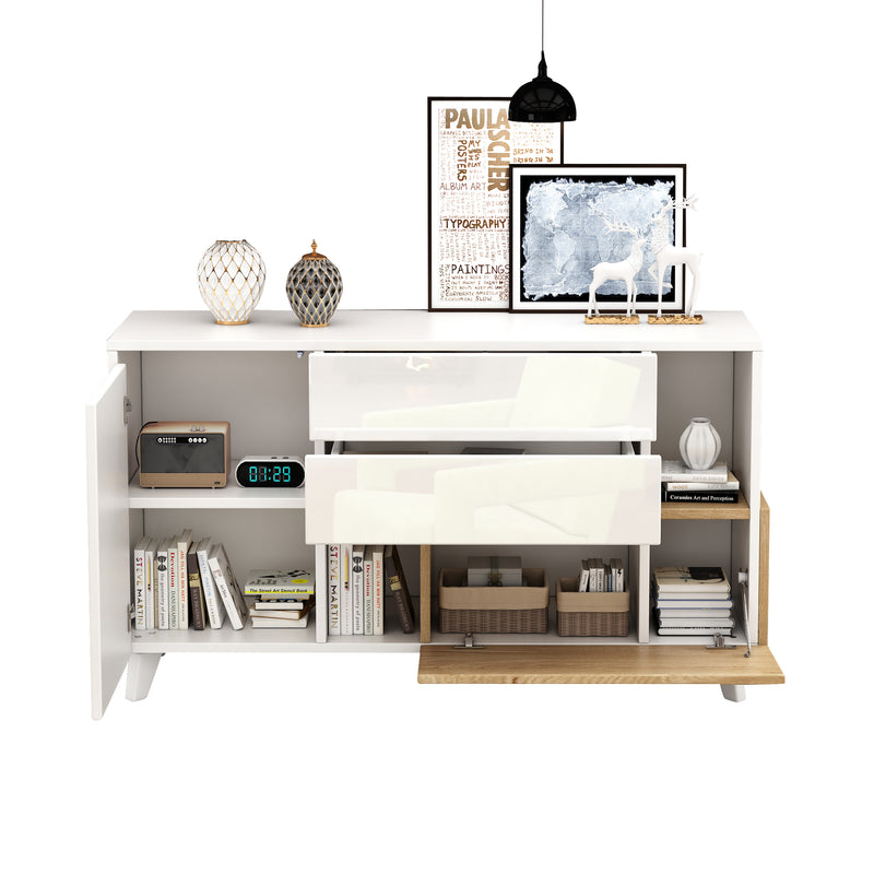 Buffet blanc brillant et effet bois 2 niches 2 tiroirs et 1 porte SHIELNIH