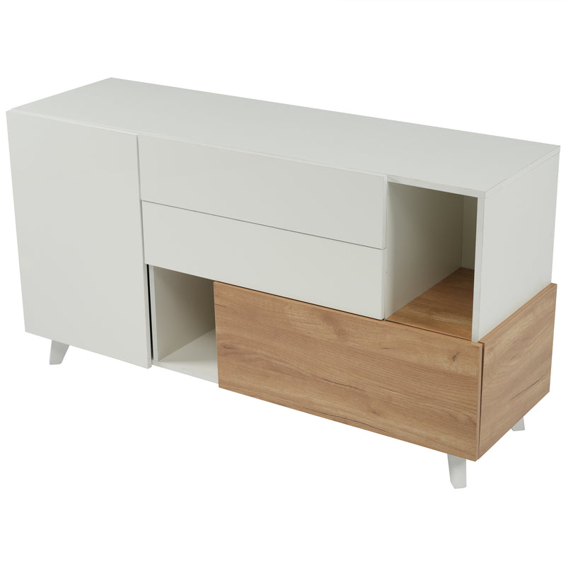 Buffet blanc brillant et effet bois 2 niches 2 tiroirs et 1 porte SHIELNIH