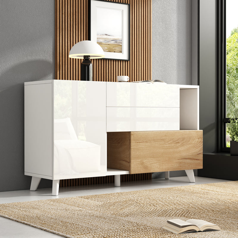 Buffet blanc brillant et effet bois 2 niches 2 tiroirs et 1 porte SHIELNIH