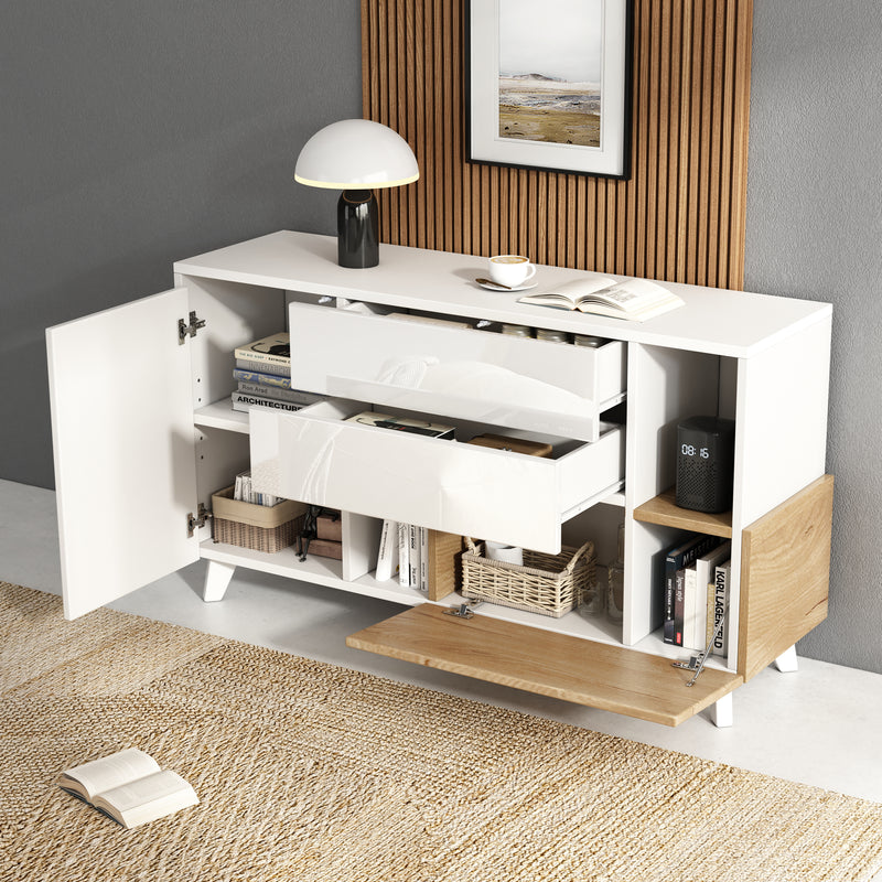 Buffet blanc brillant et effet bois 2 niches 2 tiroirs et 1 porte SHIELNIH