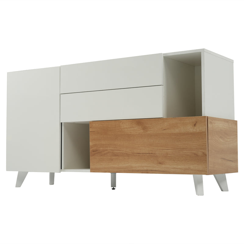 Buffet blanc brillant et effet bois 2 niches 2 tiroirs et 1 porte SHIELNIH