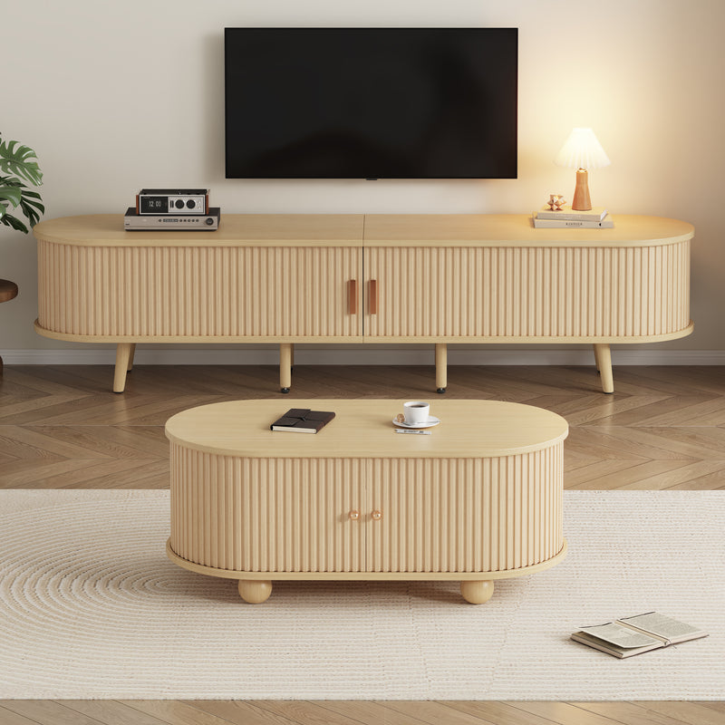 Ensemble de Meuble TV et table basse ovale en couleur bois porte coulissant SHOHUS SET