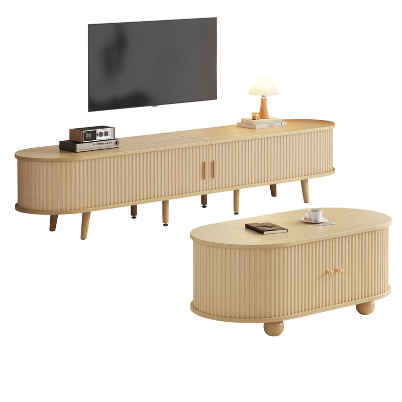 Ensemble de Meuble TV et table basse ovale en couleur bois porte coulissant SHOHUS SET