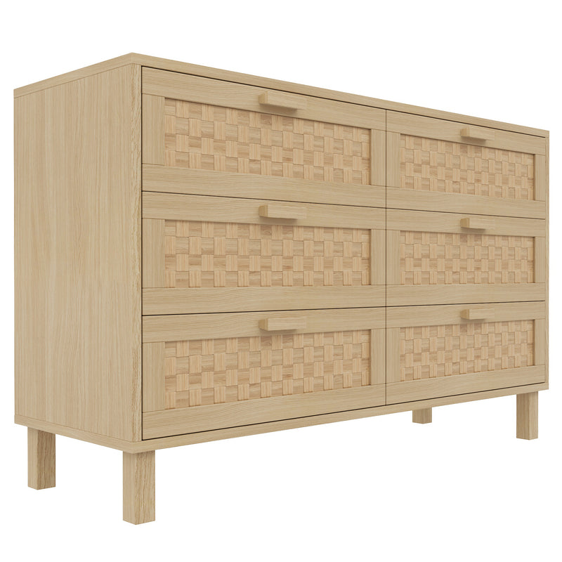 Buffet effet bois naturel 6 tiroirs en rotin FERNVALE