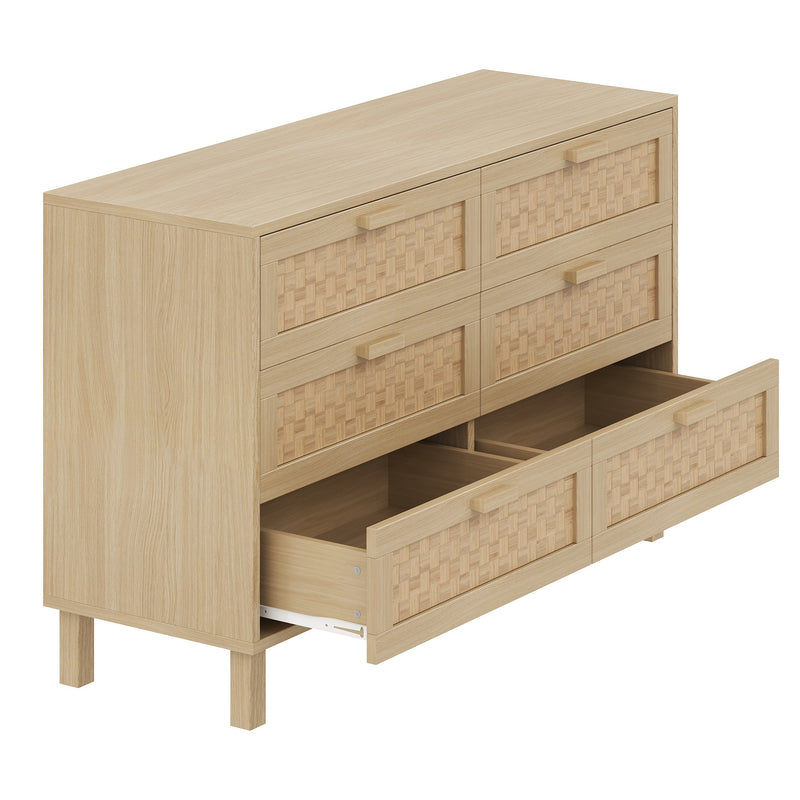 Buffet effet bois naturel 6 tiroirs en rotin FERNVALE
