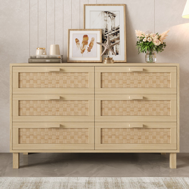 Buffet effet bois naturel 6 tiroirs en rotin FERNVALE