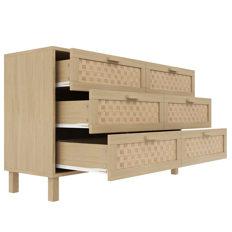 Buffet effet bois naturel 6 tiroirs en rotin FERNVALE