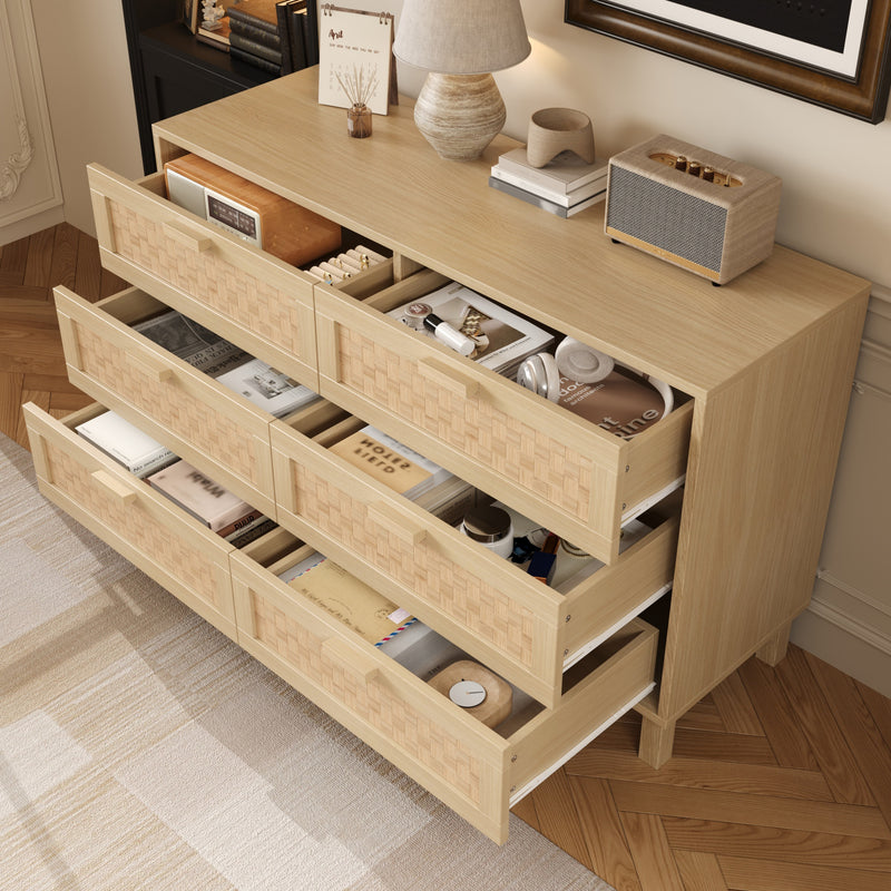 Buffet effet bois naturel 6 tiroirs en rotin FERNVALE