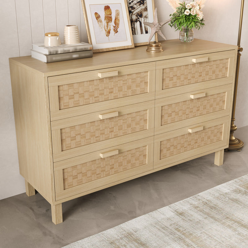 Buffet effet bois naturel 6 tiroirs en rotin FERNVALE