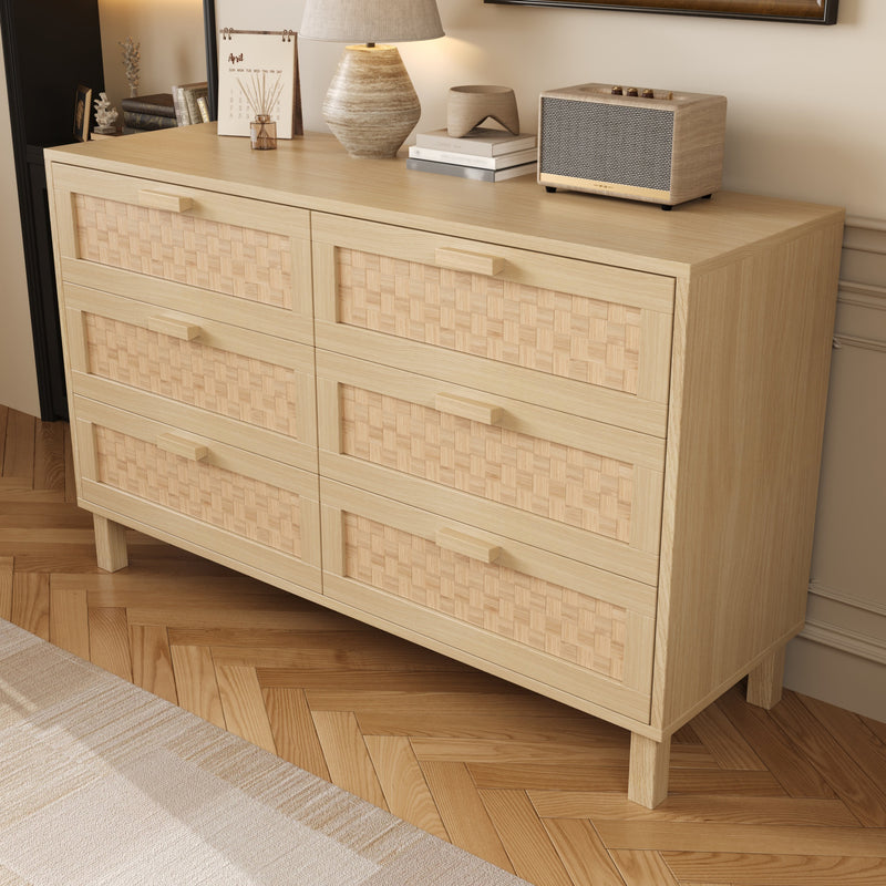 Buffet effet bois naturel 6 tiroirs en rotin FERNVALE