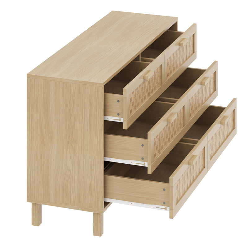 Buffet effet bois naturel 6 tiroirs en rotin FERNVALE