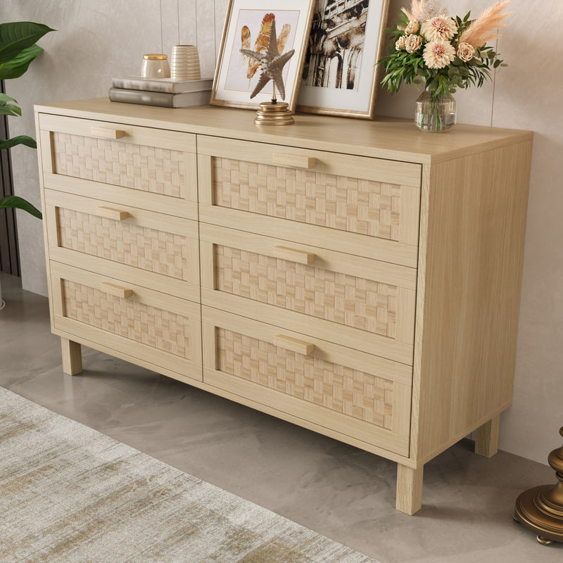 Buffet effet bois naturel 6 tiroirs en rotin FERNVALE