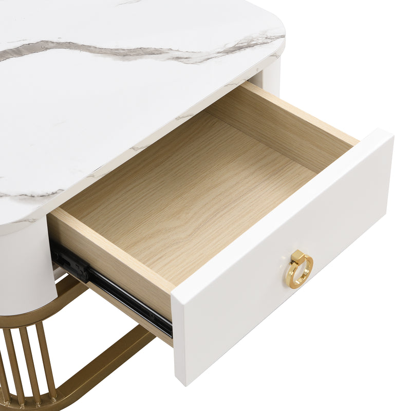 Ensemble de 2 tables basses gigognes carrées effet marbre blanc avec tiroir pieds dorés SHUGOK WHITE