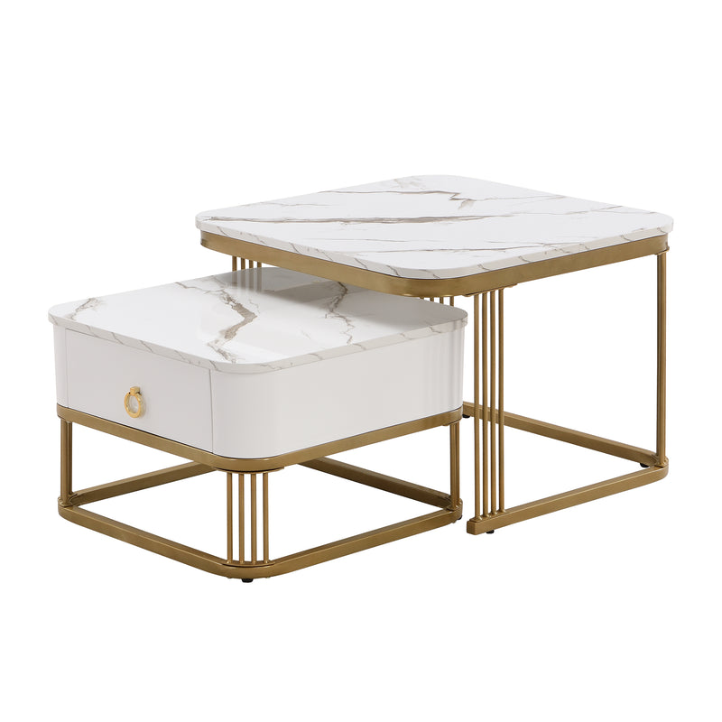 Ensemble de 2 tables basses gigognes carrées effet marbre blanc avec tiroir pieds dorés SHUGOK WHITE