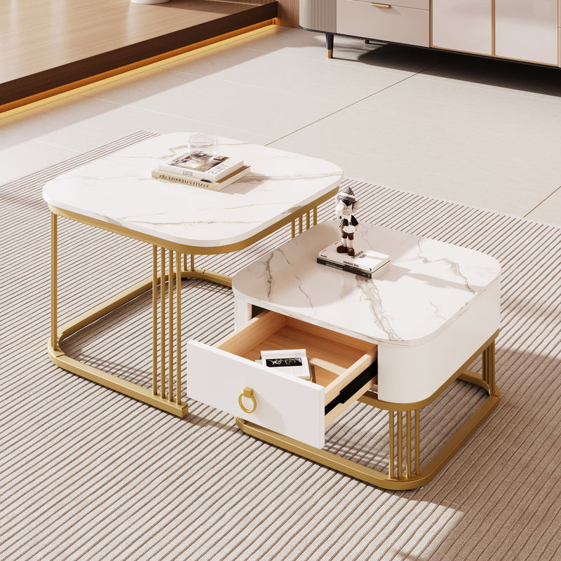 Ensemble de 2 tables basses gigognes carrées effet marbre blanc avec tiroir pieds dorés SHUGOK WHITE