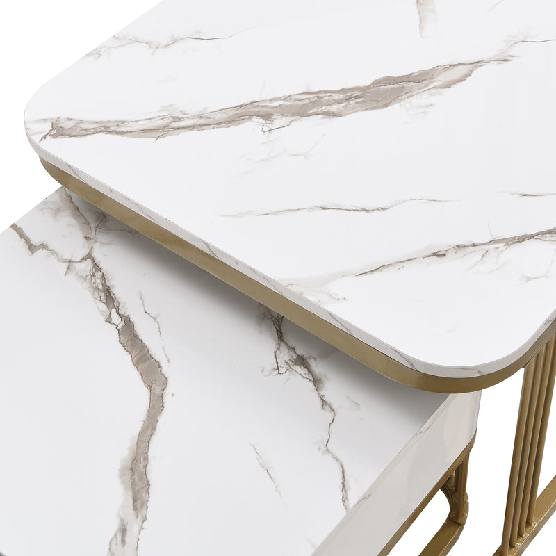 Ensemble de 2 tables basses gigognes carrées effet marbre blanc avec tiroir pieds dorés SHUGOK WHITE