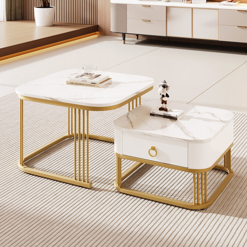 Ensemble de 2 tables basses gigognes carrées effet marbre blanc avec tiroir pieds dorés SHUGOK WHITE