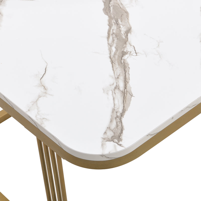 Ensemble de 2 tables basses gigognes carrées effet marbre blanc avec tiroir pieds dorés SHUGOK WHITE