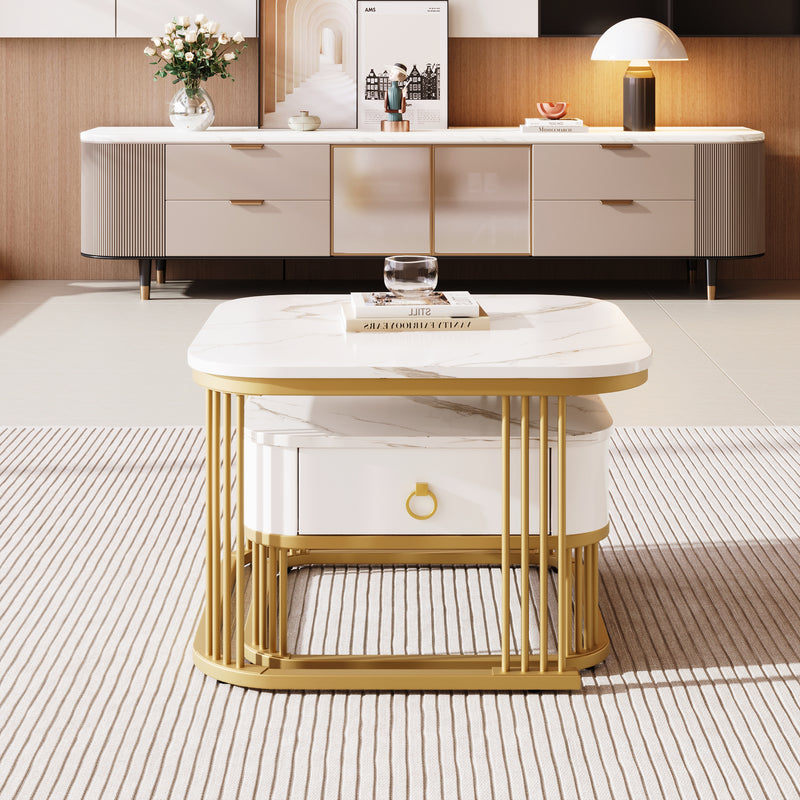 Ensemble de 2 tables basses gigognes carrées effet marbre blanc avec tiroir pieds dorés SHUGOK WHITE