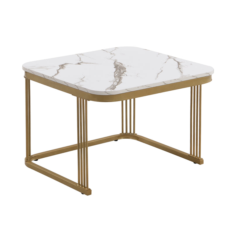 Ensemble de 2 tables basses gigognes carrées effet marbre blanc avec tiroir pieds dorés SHUGOK WHITE