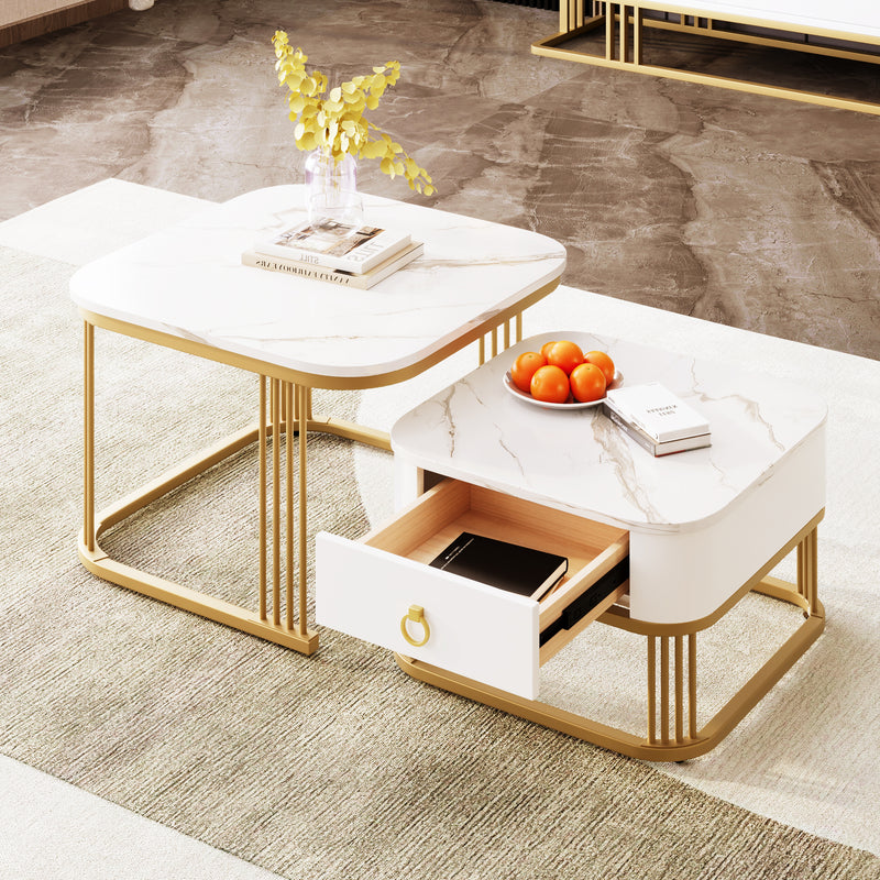 Ensemble de 2 tables basses gigognes carrées effet marbre blanc avec tiroir pieds dorés SHUGOK WHITE