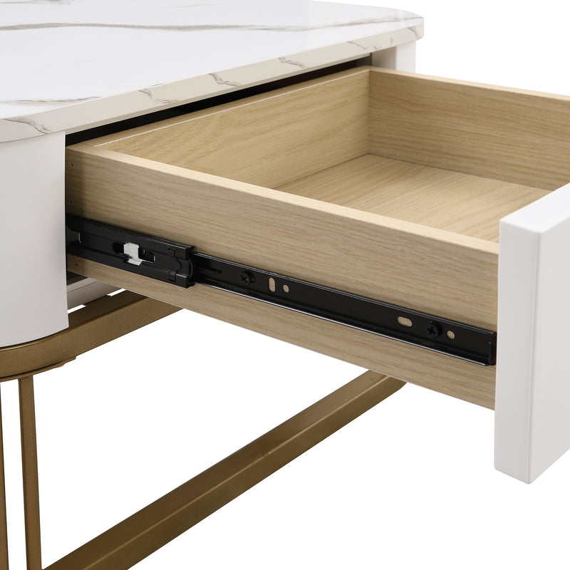 Ensemble de 2 tables basses gigognes carrées effet marbre blanc avec tiroir pieds dorés SHUGOK WHITE