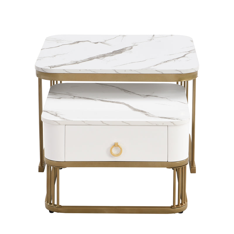 Ensemble de 2 tables basses gigognes carrées effet marbre blanc avec tiroir pieds dorés SHUGOK WHITE